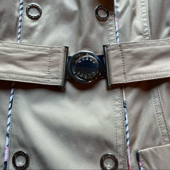 Guess Jacket XS Tan with pink and grey trim lined Snap and belt closure NWOT - Picture 8 of 12